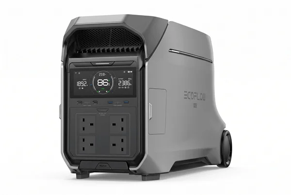 EcoFlow Delta Pro 3 portable power station seen from the front, showing its display and AC sockets. photo shot