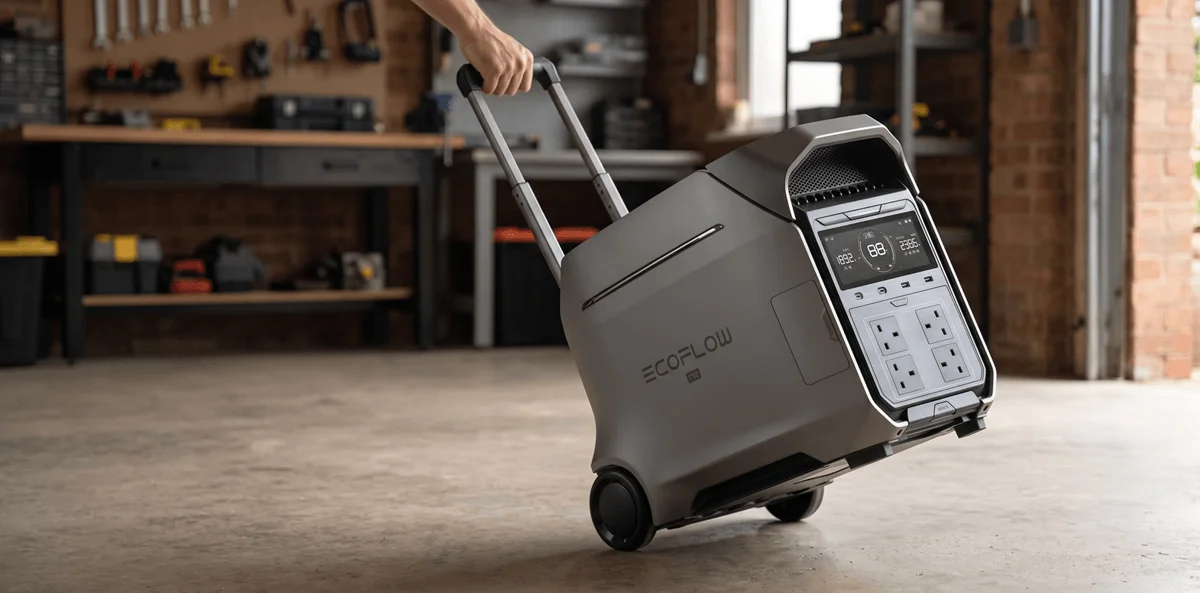 EcoFlow Delta Pro 3 with its telescopic handle extended, standing on its wheels