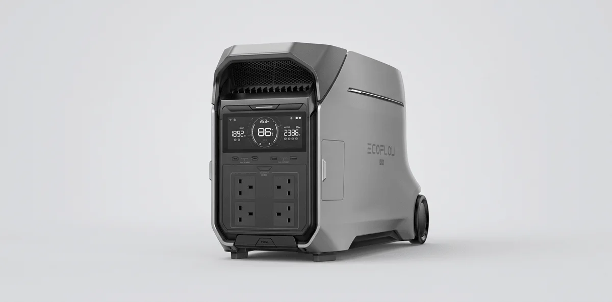 EcoFlow Delta Pro 3 portable power station seen from the front, showing its display and AC sockets