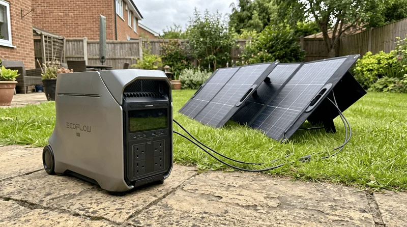 An EcoFlow Delta Pro 3 portable power station connected to solar panels set up on a backyard lawn.