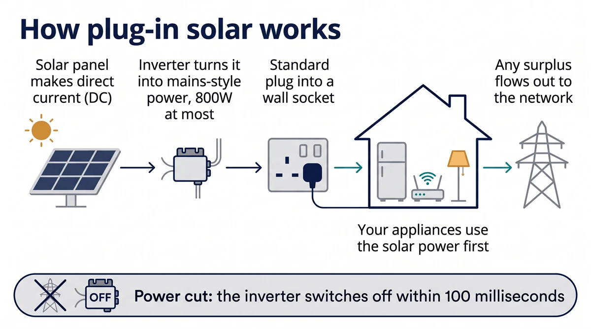 How plug-in solar panels work in the UK: panel, micro-inverter, 13A wall socket and home circuit in one diagram