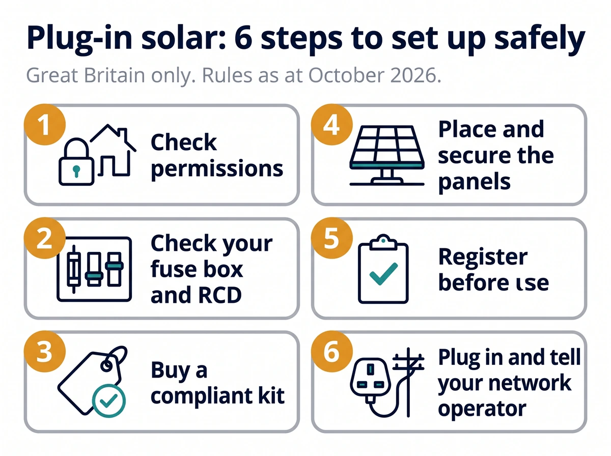 Six-step safe setup checklist for plug-in solar panels in Great Britain, from permissions and RCD check to plugging in